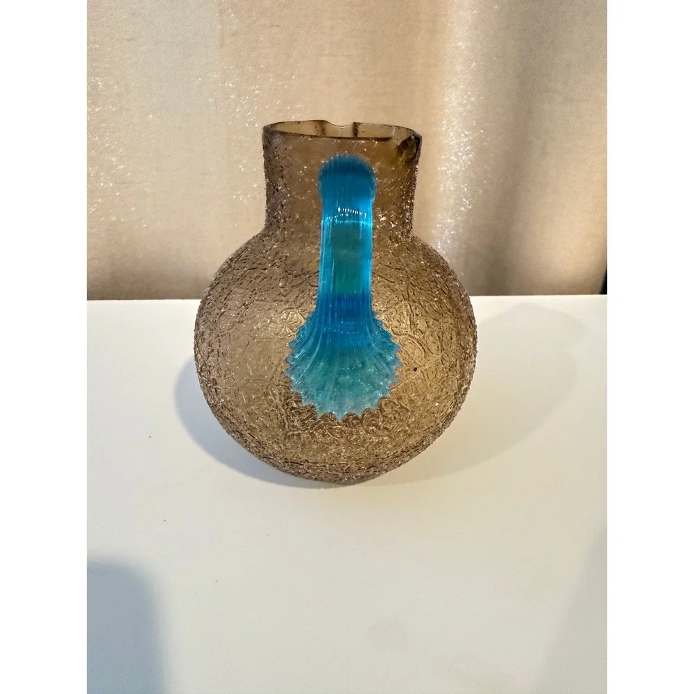 Antique 1860s‎ Overshot Glass Pitcher Amber Turquoise Blue Applied Handle 19th C